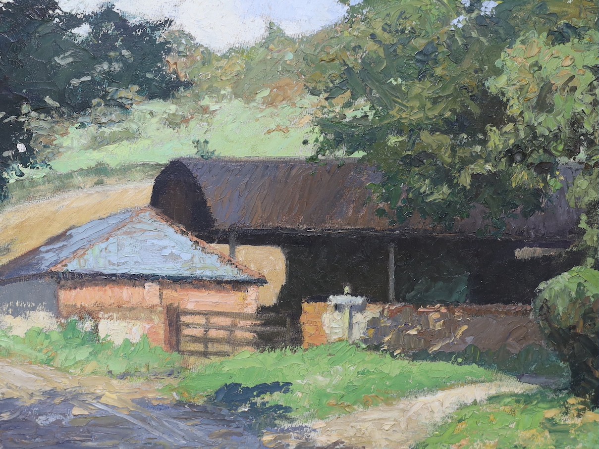 Modern British, oil on board, Study of a barn, 29 x 40cm